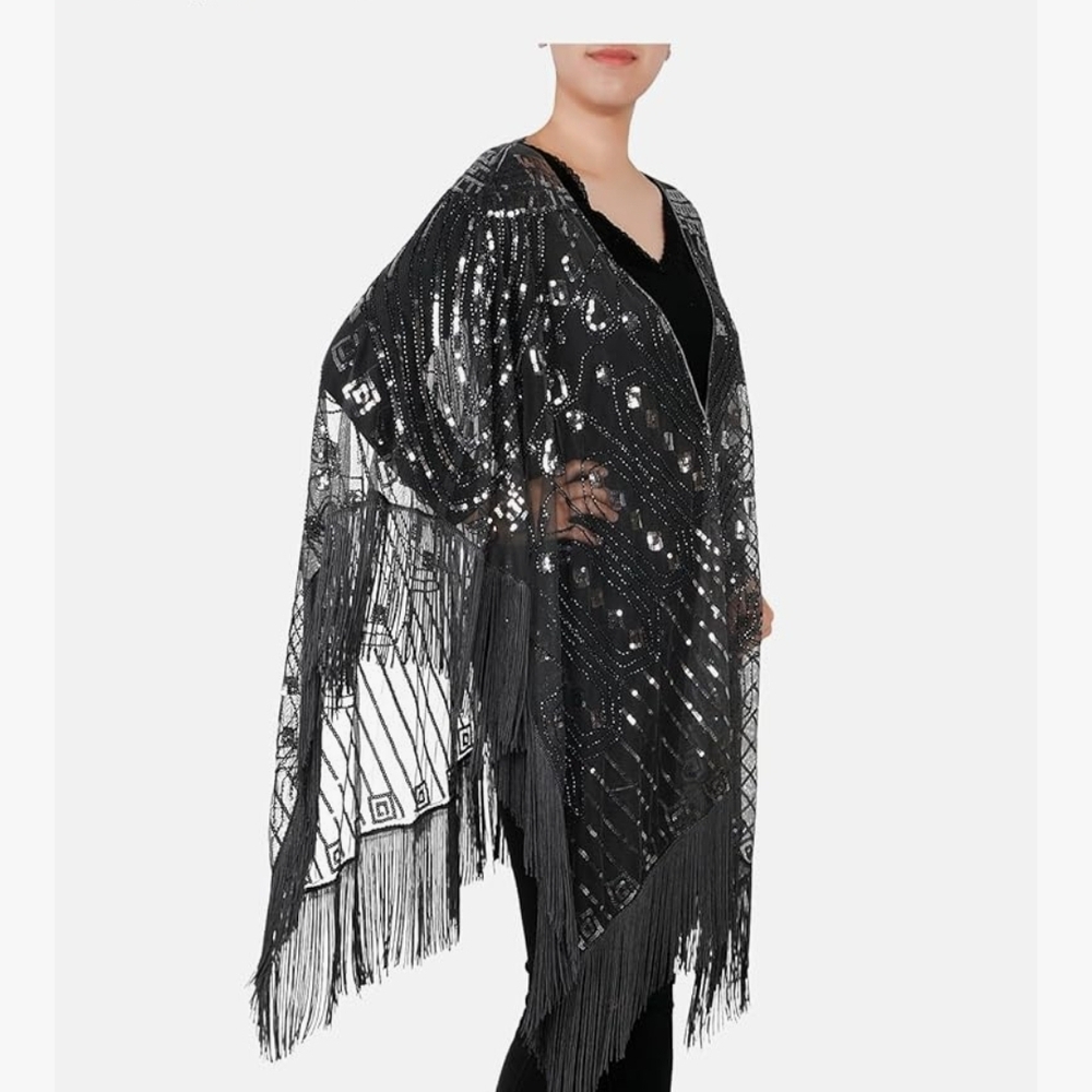 Black Sequin Fringe Poncho For Festivals Western Fleetwood Mac S M L XL